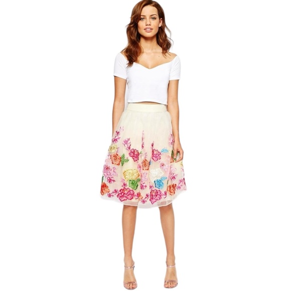 Modcloth Chi Chi London Cerys Rainbow Floral Embroidered Tulle Circle Skirt 2 - Picture 4 of 14